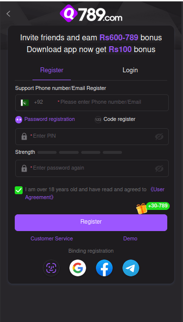 q789 game signup page screenshot