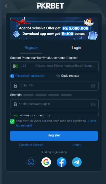 pkrbet game registration interface screenshot 